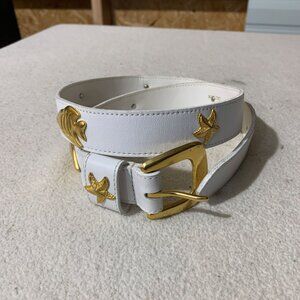 Joan and David Too White Belt L 30 Gold Fish Starfish Calfskin Leather